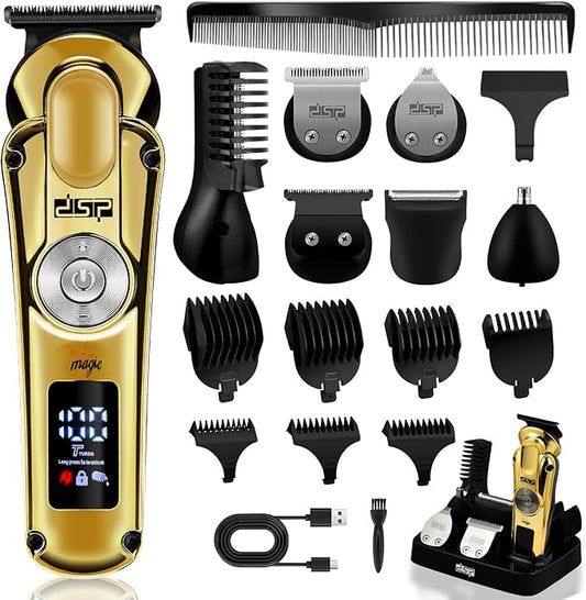 DSP Men's Grooming Kit, Beard Trimmer for Men, Nose Trimmer, Body Trimmer, Foil Shaver, T-Blade, Mustache, Cordless Hair Trimmer, IPX6 Waterproof,2 Speeds Adjustable, Gift for Men (Gold)