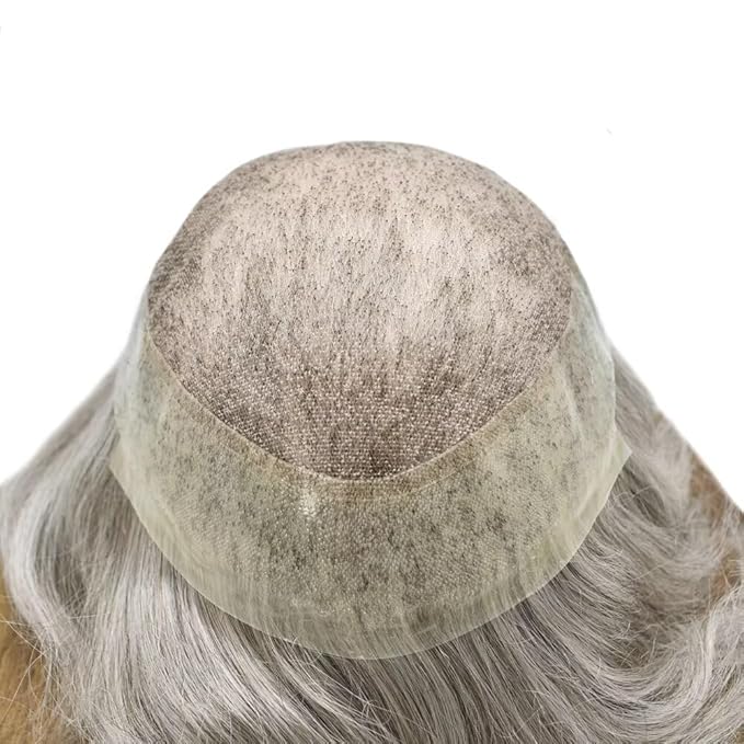 Mens Toupee Human Hair Piece French Lace Toupee for Man Hair System Indian Human Hair Replacement Systems V-Looped PU Front Hairpieces 7"X9" #370 Dark Brown with 70% Gray