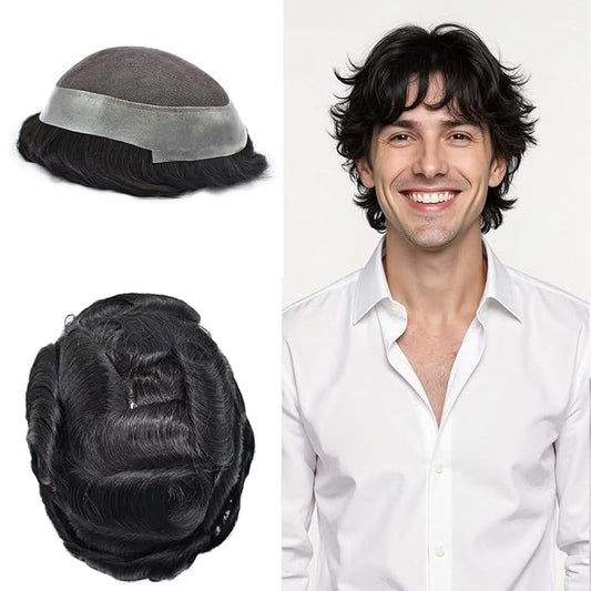 FACE MIRACLE Hair System for Men French Lace Mens Toupee Human Hair Replacement System Lace with PU Toupee for Men Male Hair Piece Wigs 7"X10" 1#JET BLACK