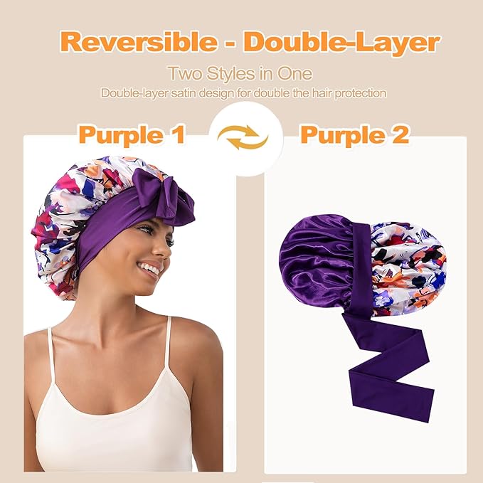 GDTOGRT Satin Silk Bonnet for Sleeping Women - Double Layer Sleep Hair Bonnets Caps for Curly Braid Hair with Tie Band