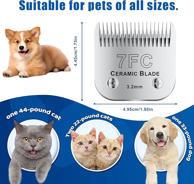 7FC# Detachable Pet Dog Grooming Clipper Ceramic Blade,Compatible with Andis Size 7FC Cut Length 1/8”(3.2mm),Compatible with andis/wahl/Oster Dog Clippers 2PCS