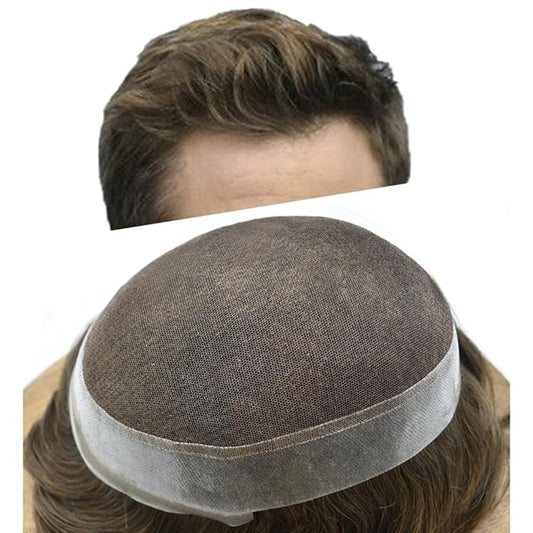 Toupee for Men French Lace Center Human Hair Replacement Systems Transparent Lace Center Hair Piece Mens Toupee Hair Units for Man V-Looped Front Male Hair Prosthesis 7"X9" 5#MEDIUM LIGHT BROWN