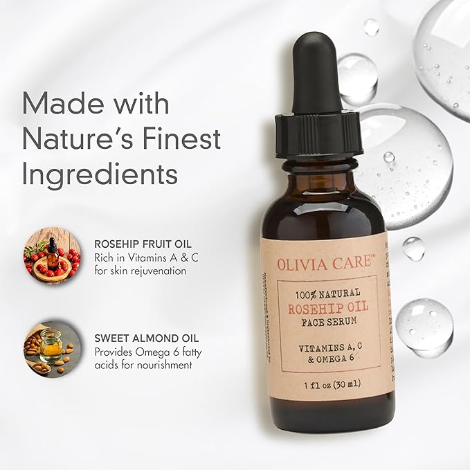 Rosehip Seed Oil Serum By Olivia Care Natural Moisturizer for Face, Body & Skin with Vitamins E, C, A & Omega 6, Perfect for Treating Wrinkles, Acne Scars, Sun Spots, Dark Circles & Anti-Aging - 1 OZ