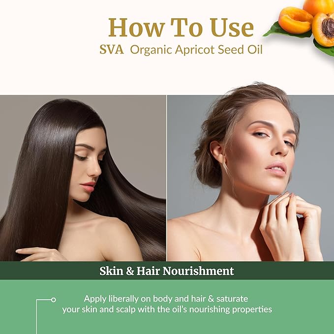 SVA Apricot Seed Oil Organic - 4 Fl Oz – 100% Natural Cold Pressed Organic Apricot Oil - for Face, Skin Care, Hair Care, Scalp Massage & Body Massage – Carrier Oil with Dropper