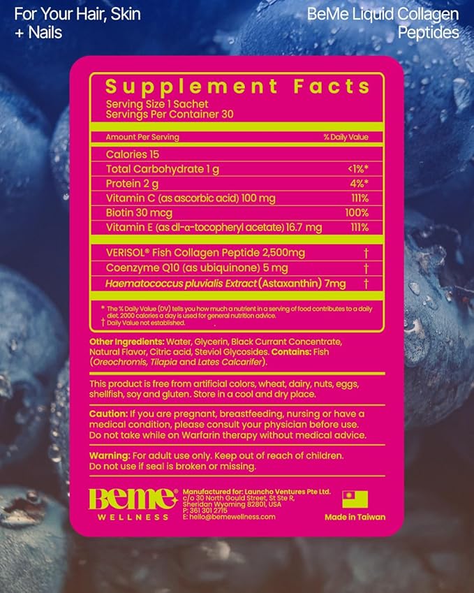 BeMe Liquid Collagen for Women - 2500mg Verisol hydrolyzed Marine Liquid Collagen - Clinically Tested Collagen Supplements - Quick Absorption, high bioavailability - Supports Skin, Hair & Nails