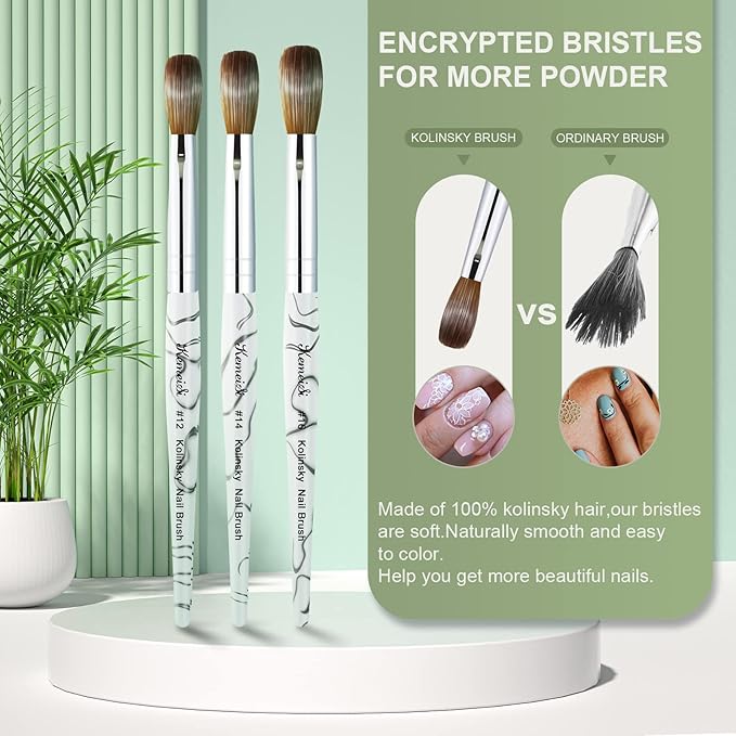 Acrylic Nail Brush Size 12,KEMEISI 100% Pure Kolinsky Nail Art Brushes Sturdy Marble Handle Oval Shaped Acrylic Powder Nail Design Tools for Professional Manicure DIY Home Salon (White)