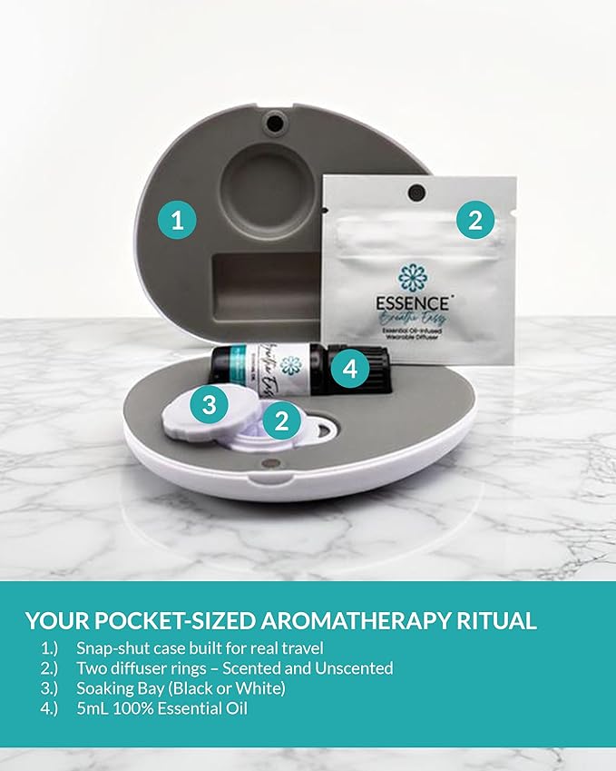 Essence Pearl Travel Case - Wearable Aromatherapy Kit with Nasal Diffuser Rings, Soaking Bay, and 5mL Essential Oil – Portable Wellness Gift Set for On‑The‑Go Self Care