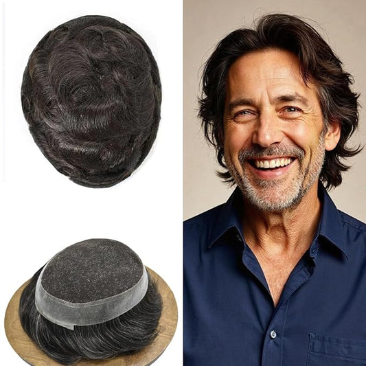 FACE MIRACLE Mens Toupee Lace Front Hairpieces Soft Human Hair Replacement System Natural Hairline Toupee for Men French Lace Poly V-Looped Mens hair Units 7"X9" #210 Darkest Brown with 10% Gray