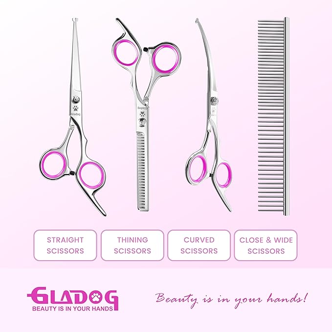 GLADOG Professional 5 in 1 Dog Grooming Scissors Set with Safety Round Tips, Sharp and Heavy-duty Pet Grooming Shears for Cats (Red)