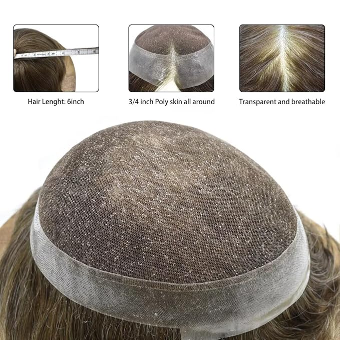 FACE MIRACLE French Lace Mens Toupee Human Hair System Lace Center Toupee for Men Thin Skin PU Around Hair Replacement System V-Looped Mens Hair Wig 6"X9" #760 7# VERY LIGHT BROWN WITH 60% GREY