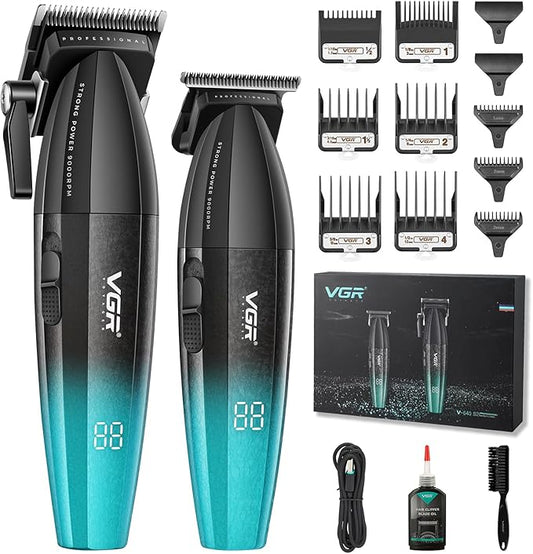 VGR 640S2 Professional Hair Clippers for Men, 9000RPM Cordless Barber Clippers and Trimmers Set, Zero Gap T-Blade Hair Cutting Kit, DLC Coated Ceramic Blade Barber Kit with LED Display(Green)