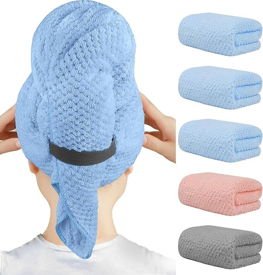 HOMEXCEL Blue Microfiber Hair Towels 5 Pack- 40 x 20 inches Super Soft, Fast Drying Turbans for Long, Thick, Curly Hair - Anti Frizz Wrap with Elastic Strap, Blue/Pink/Grey