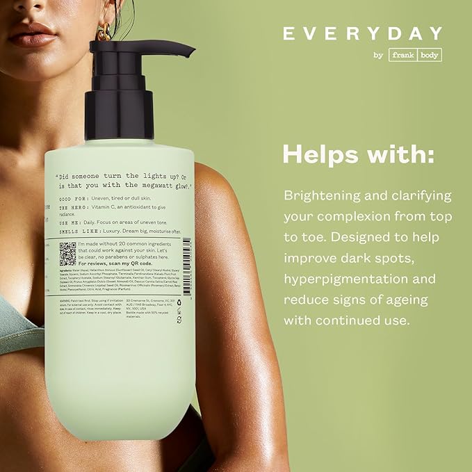 frank body Brightening Body Lotion | Evens Tone, Brightens Dark Spots & huperpigmentation | Vitamin C, Kakadu Plum & Vitamin B5 | Bamboo & Camellia Scent | Vegan & Cruelty Free | 250ml / 8.45 fl oz