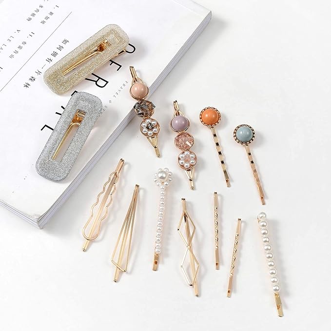 Mehayi 20 PCS Macaron Pearls and Acrylic Resin Hair Clips, Handmade Cute Hair Barrettes Bobby Pins, Glitter Crystal Geometric Hairpin, Elegant Gold Hair Accessories, Gifts for Women Girls…