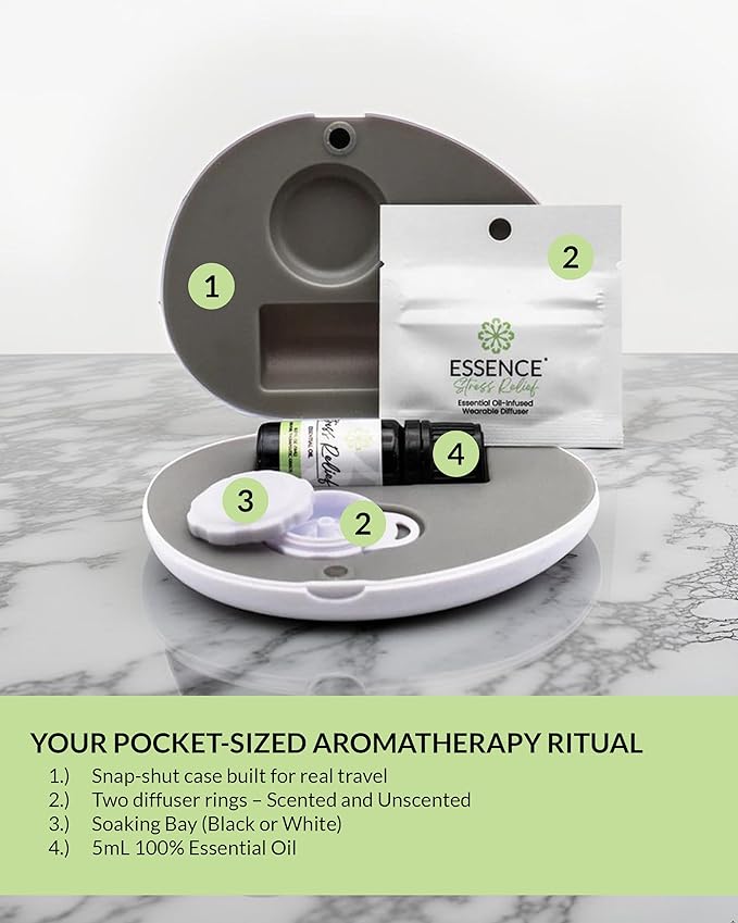 Essence Pearl Travel Case - Wearable Aromatherapy Kit with Nasal Diffuser Rings, Soaking Bay, and 5mL Essential Oil – Portable Wellness Gift Set for On‑The‑Go Self Care