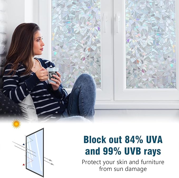 rabbitgoo Window Privacy Film Rainbow Film Decorative Window Sticker, 3D Static Stained Glass Cling Tint for Home Heat Control Non-Adhesive, Grayish Silver, 17.5 x 78.7 inches