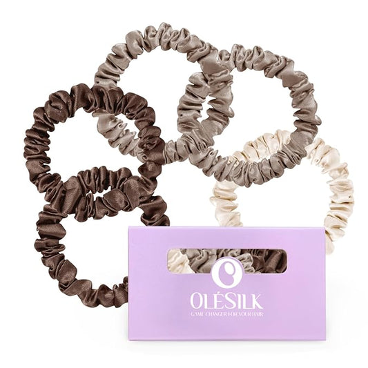 OLESILK Silk Hair Ties for Women: 100% Mulberry Skinny Silk Scrunchies, Soft Smooth No Damage No Crease for Thin Fine Curly Hair 5 Pack, Brown