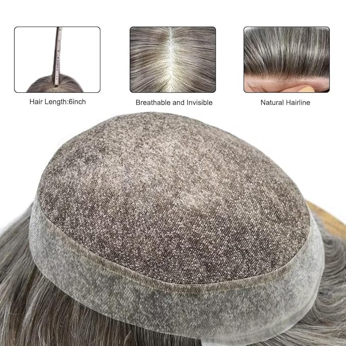 FACE MIRACLE Lace Front Mens Toupee Human Hair System Swiss Lace Center Toupee for Men Thin Skin PU Around Hair Replacement System V-Looped Mens Hair Wig Units 6"X9" #365 Dark Brown with 65% Gray