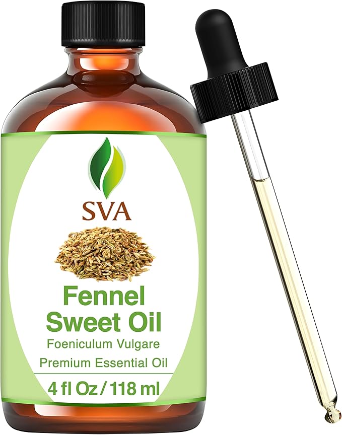 SVA Sweet Fennel Essential Oil – 4 Fl Oz – 100% Natural Fennel Oil - for Diffuser, Hair Care, Face, Skin Care, Aromatherapy, Scalp and Body Massage, Soap and Candle Making – with Dropper