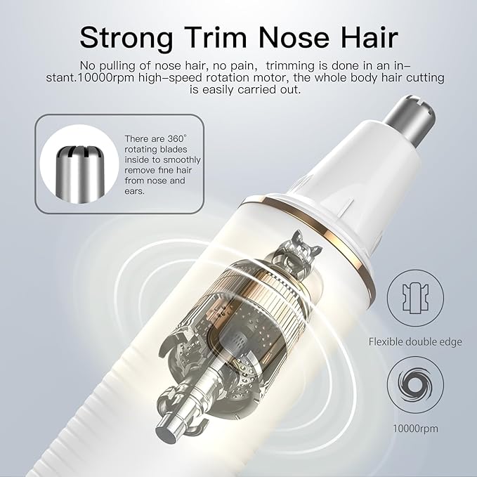 Nose Hair Trimmers for Women Men，Rechargeable Hair Trimmer 2 in 1 Painless Multifunctional Ear and Nose Hair Trimmer with IPX7 Waterproof Dual Edge Blades (White)