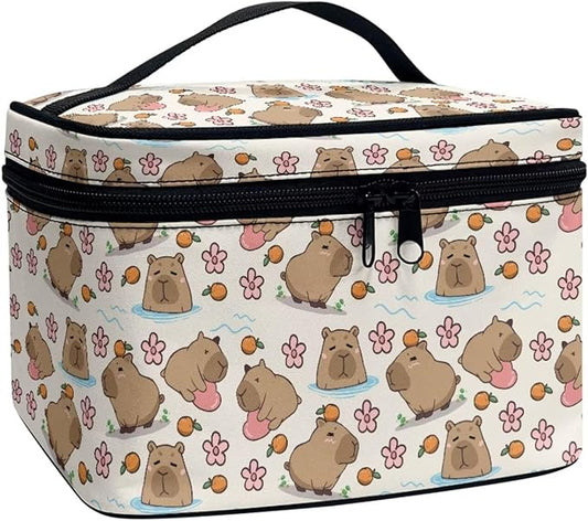 JoyLamoria Lightweight Cosmetic Case Travel Makeup Bag Cosmetic Pouch Tote Purse Cosmetic Bag with Floral Hippo Print