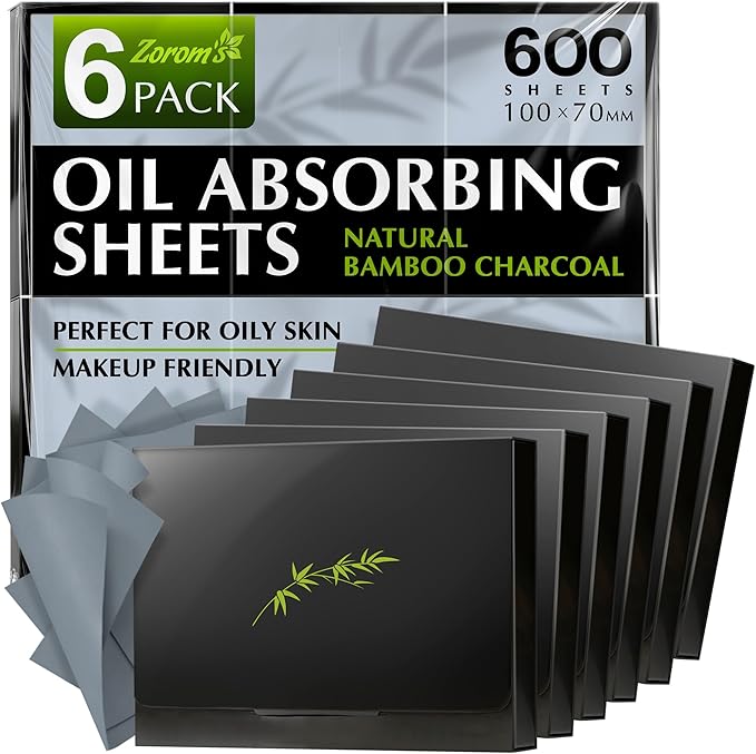 Natural Oil Blotting Sheets for Face with Bamboo Charcoal - 6pk/600 Makeup Friendly Oil Absorbing Sheets for Face - Blotting Papers for Oily Skin - Perfect for Keeping in Purse - Oil Control Film
