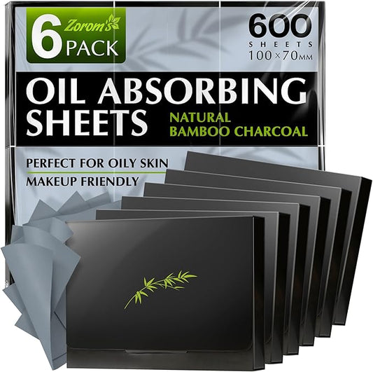 Natural Oil Blotting Sheets for Face with Bamboo Charcoal - 6pk/600 Makeup Friendly Oil Absorbing Sheets for Face - Blotting Papers for Oily Skin - Perfect for Keeping in Purse - Oil Control Film