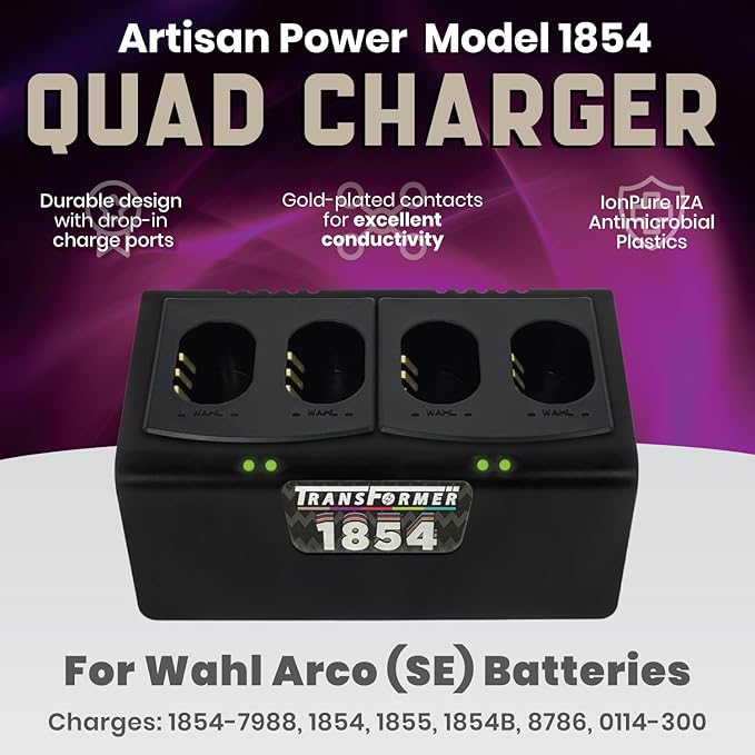 Artisan Power Quad Battery Charger for Wahl Arco and Arco SE Pet Hair Clippers | Durable Connectors, LEDs Status and a Powerful PD Type C Power Supply | Charges Four 1854 Batteries at Once