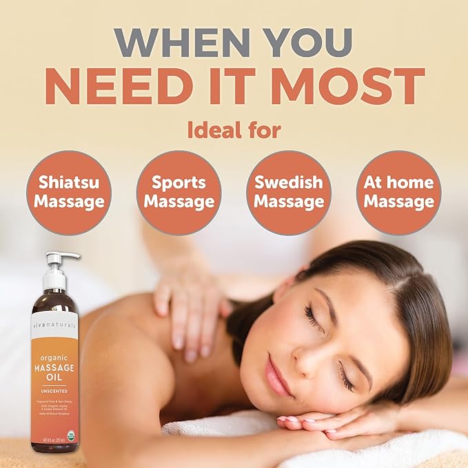 Viva Naturals Organic Massage Oil, Unscented, 8 fl oz (237 mL) – Non-Greasy, Certified Organic Massage Therapy Oils