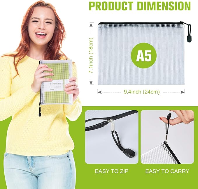 12 Pcs Plastic Mesh Zip File Bags, Waterproof Tear-Resistant Document File Folders, A5 Size Zipper Documents Pouch Document Organizer Bags for School Office Home Travel Storage(9.4×7.1Inch)