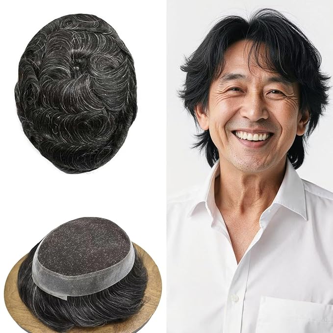 FACE MIRACLE Toupee for Men French Lace Hairpiece Human Hair Replacement System Skin PU Mens Toupee Hair Wigs for Man V-Looped Front Hair Prosthesis 6"X9" #1B10 1B# OFF BLACK WITH 10% SYNTHETIC GREY