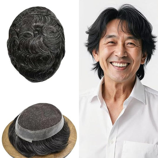 FACE MIRACLE Toupee for Men French Lace Hairpiece Human Hair Replacement System Skin PU Mens Toupee Hair Wigs for Man V-Looped Front Hair Prosthesis 6"X9" #1B10 1B# OFF BLACK WITH 10% SYNTHETIC GREY