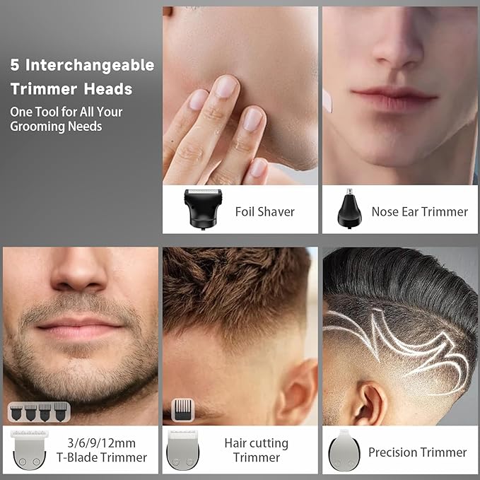 Beard Trimmer for Men, 5-in-1 Cordless Hair Clipper Kit with Foil Razor, Waterproof Body, Nose & Ear Groomer, Precision Trimming for Beard, Hair & Body Care (Blue)