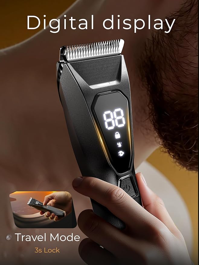 Body Hair Trimmer for Men - Pubic Hair Trimmer for Man - Electric Ball Shaver with Display & Light - Waterproof Wet/Dry Groomer kit for Groin - Wireless Charging - Ceramic Blade with 3 Comb