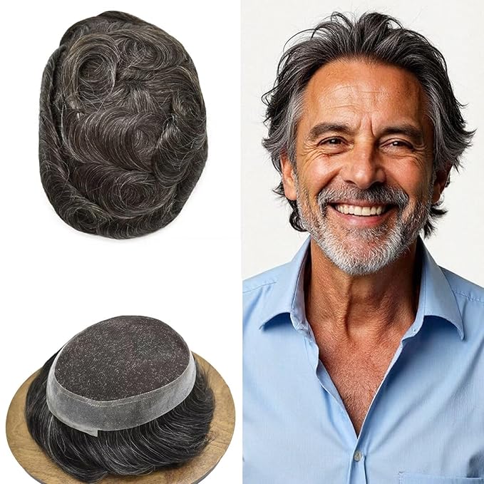 Toupee for Men French Lace Human Hair Replacement Systems Lace Center with Poly Around Hairpiece Mens Toupee V-Looped Front Male Hair Units 6"X9" #230