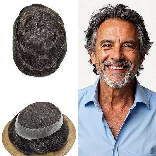 Toupee for Men French Lace Human Hair Replacement Systems Lace Center with Poly Around Hairpiece Mens Toupee V-Looped Front Male Hair Units 6"X9" #230