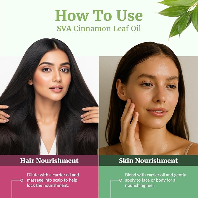 SVA Cinnamon Leaf Essential Oil – 4 Fl Oz – 100% Natural Cinnamon Oil - for Diffuser, Hair Care, Face, Skin Care, Aromatherapy, Scalp and Body Massage, Soap and Candle Making – with Dropper