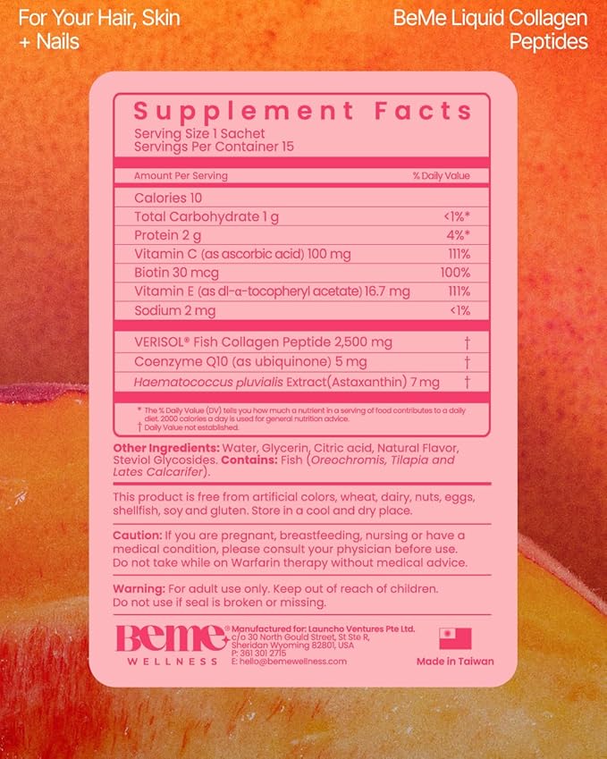 BeMe Liquid Collagen for Women - 2500mg Verisol Collagen Liquid with Biotin, CoQ10 & Vitamin C - Clinically Proven Collagen Peptides for Hair, Skin & Nails - 30 Peach Sachets