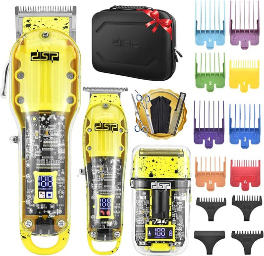 DSP Hair Clipper, Trimmer, Shaver Kits for Men Professional Barber Clipper and Trimmer Sets with Travel Case, Rechargeable, LED Display, Yellow