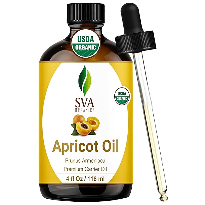 SVA Apricot Seed Oil Organic - 4 Fl Oz – 100% Natural Cold Pressed Organic Apricot Oil - for Face, Skin Care, Hair Care, Scalp Massage & Body Massage – Carrier Oil with Dropper