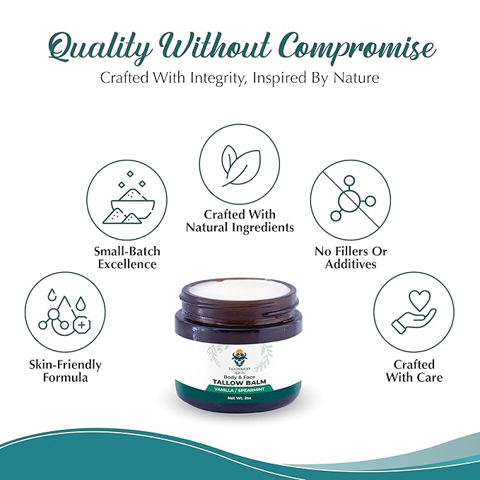 Dr. Dave's Primal Essence Grass Fed Beef Tallow Balm for Face and Body with Shea Butter, Organic Jojoba Oil, Honey, and Beeswax – Beef Tallow for Skin – Vanilla and Spearmint – 2 oz