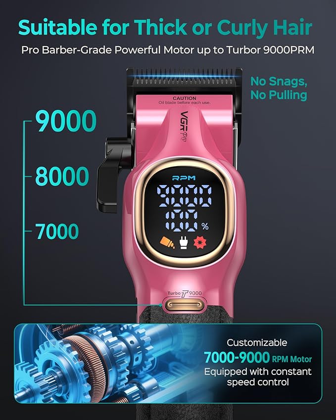 Professional Hair Clippers for Men, Professional Barber Clippers and Trimmer Set, Cordless Hair Clippers for Hair Cutting with Package Case, Powerful 9000 PRM Rechargable Electric (Pink)