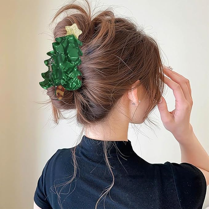 1pc Christmas Tree Hair Clip, Xmas Acetic Acid Claw Clips, Large Hair Claw Clips for Thick/Thin Hair, Cute Green Tree Design Medium Hairpin, Sparkling Hair Accessories for Christmas Decor