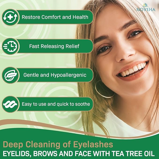 NOVEHA 60PCs Tea Tree & Coconut Oil Eyelid & Lash Wipes - For Demodex, Blepharitis & Itchy Eyes, Individually Wrapped Eyelash Wipes With Aloe Vera, Natural Makeup Remover & Daily Eye Cleanser