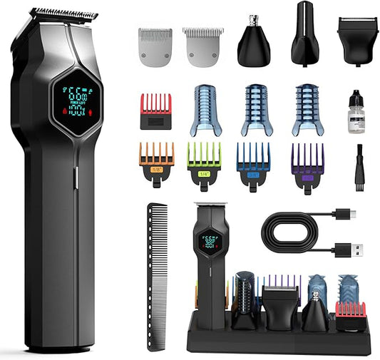 Beard Trimmer for Men, Magnetic Snap-on Replacement Heads & Charging Dock, IPX7 Waterproof Cordless Hair Clippers, Mens Grooming Kits for Mustache/Body/Face/Ear/Nose, Gray