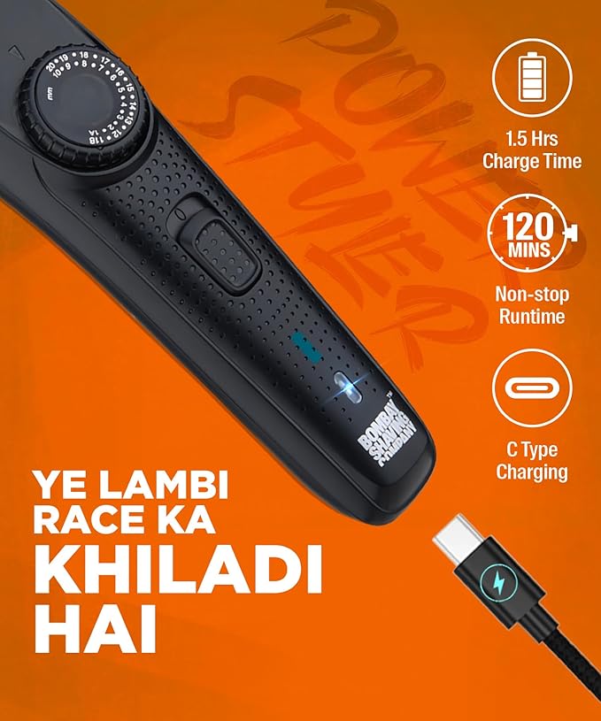 Bombay Shaving Company Beard Trimmer for Men, 2X Fast Charging, USB Type C, 120Min runtime, Hair Trimmer, Shaving Machine, Cordless Beard, 38 Length Settings, Prime Trimmer Black