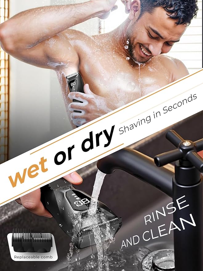 Body Hair Trimmer for Men - Pubic Hair Trimmer for Man - Electric Ball Shaver with Display & Light - Waterproof Wet/Dry Groomer kit for Groin - Wireless Charging - Ceramic Blade with 3 Comb
