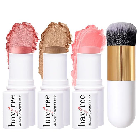 KIMUSE Face Sticks Trio, Cream Blush Stick & Highlighter Stick & Contour Stick for Sculpt the Cheeks, Long Lasting Cream Contour Stick Trio for Face Makeup, with Brush