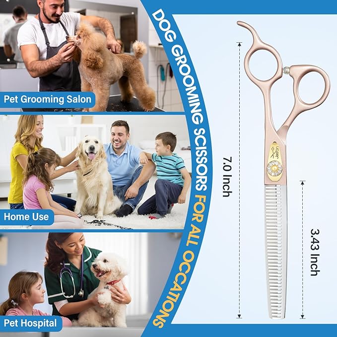 JASON Professional Dog Grooming Scissors - 7 Inch Thinning Shear Japanese 440C Stainless Steel Diamond Screw with 40 Teeth Dog Blender Scissors Christmas Gift