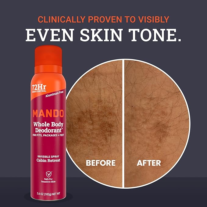 Mando Whole Body Deodorant For Men - Invisible Spray Deodorant - 72 Hour Odor Control - Low Irritation Formula - Aluminum Free, Benzene Free - 3.6 ounce Cans (Pack of 2) - Cabin Retreat